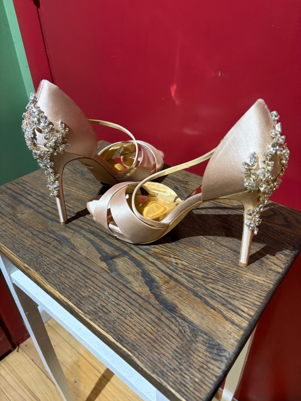 Badgley Mischka Embellished Rose Gold Satin High Heels.